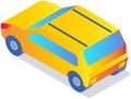Yellow family car for driving on road. Transport for traveling and city trips. Flat isometric automobile