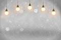 yellow fantastic sparkling glitter lights defocused bokeh abstract background with light bulbs and falling snow flakes fly, Royalty Free Stock Photo