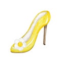 Yellow fashion women`s shoes on the high heels. Smart luxury lady shoe collection. Painted hand-drawn watercolor