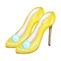 Yellow fashion women`s shoes on the high heels. Smart luxury lady shoe collection. Painted hand-drawn watercolor