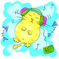 Yellow fat cat listening to music on headphones Royalty Free Stock Photo