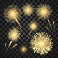 Yellow Festival fireworks. Colorful carnival fireworks holiday background. Vector illustration isolated on dark background Royalty Free Stock Photo