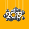 Yellow festive 2019 new year card with silver Christmas balls.