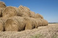 A yellow field with dry grass and rolls of hay are stacked on top of each other. Close-up Royalty Free Stock Photo