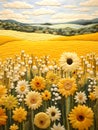 A Yellow Field With White Flowers And Green Grass, needle felting wool Embroidery of top view cute sunflowers