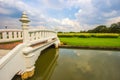 Yellow fields of Crotalaria junceasunn hemp and small white bridge at Phutthamonthon Public Park,Nakhon Pathom Province,Thailand