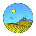 Yellow fields and windmill vector linear illustration with a grain texture. Farm in the village with the ripe wheat field in a