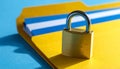 Yellow File Folder with Locked Documents on a Blue Surface yellow folder paperwork Royalty Free Stock Photo