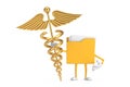 Yellow File Folder Icon Cartoon Person Character Mascot with Golden Medical Caduceus Symbol. 3d Rendering