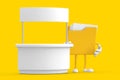 Yellow File Folder Icon Cartoon Person Character Mascot near Blank Promotion Stand with Free Space for Your Design. 3d Rendering Royalty Free Stock Photo