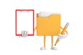 Yellow File Folder Icon Cartoon Person Character Mascot with Red Plastic Clipboard, Paper and Pencil. 3d Rendering Royalty Free Stock Photo