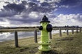 Yellow fire hydrant standing next to a storm retention pond Royalty Free Stock Photo