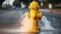 Yellow fire hydrant gushing water across a street with wet highway. Generative AI Royalty Free Stock Photo