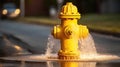 Yellow fire hydrant gushing water across a street with wet highway. Generative AI Royalty Free Stock Photo