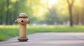 Yellow fire hydrant standing on park sidewalk amid lush green grass, sunlight filtering through blurred trees creating peaceful Royalty Free Stock Photo