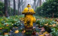Yellow fire hydrant is surrounded by fallen leaves and grass in park. Royalty Free Stock Photo