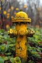 Yellow fire hydrant is surrounded by green leaves and grass. Royalty Free Stock Photo