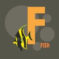 Yellow fish on the background of the letter F