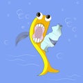 Yellow fish eating plastic bottle in blue ocean, rubbish pollution Royalty Free Stock Photo