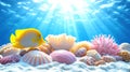 A yellow fish swimming among colorful sea shells and coral, AI Royalty Free Stock Photo