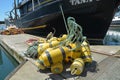 Yellow fishing net floats in Newport, Oregon Royalty Free Stock Photo