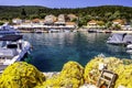 Yellow Fishing Nets on the Beautiful Fiscardo Bay Harbour, Greece Royalty Free Stock Photo