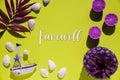 Yellow Flat Lay, Boat, Shells, Purple Pineapple, Text Farewell Royalty Free Stock Photo