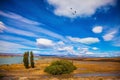 Yellow flat scorched desert with shallow ponds Royalty Free Stock Photo