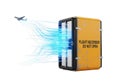Yellow flight recorder box with blue data stream and airplane in the background Royalty Free Stock Photo
