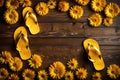 Yellow flip Flops with yellow flowers on wooden background. Royalty Free Stock Photo