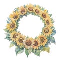 Yellow floral illustration of sunflower and leaves painted in watercolor Royalty Free Stock Photo