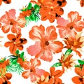 Yellow Flower Backdrop. Orange Hibiscus Textile. Red Tropical Leaves. Autumn Exotic Leaves . Seamless Wallpaper. Pattern Leaves. F Royalty Free Stock Photo