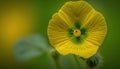 a yellow flower with a green center on a green background with a blurry image of a leaf and a yellow flower with a green center Royalty Free Stock Photo