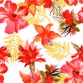 Yellow Flower Leaves. Autumn Hibiscus Backdrop. Red Tropical Garden. Orange Exotic Set . Seamless Wallpaper. Pattern Garden. Summe Royalty Free Stock Photo