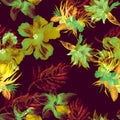 Yellow Flower Leaves. Autumn Hibiscus Backdrop. Red Tropical Garden. Orange Exotic Set . Seamless Wallpaper. Pattern Garden. Summe Royalty Free Stock Photo