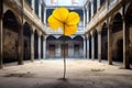 Yellow flower in the old cloister of an abandoned building, Conceptual image