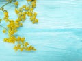 Yellow flowers autumn frame retro decoration blooming on a blue wooden background Royalty Free Stock Photo
