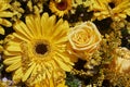 Yellow flowers background. Top view. Yellow rose and gerbera.