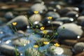 Yellow flowers on the bank of a mountain stream Royalty Free Stock Photo