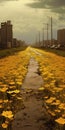 Surrealistic Urban Matte Painting Of A Dirty Road With Yellow Flowers