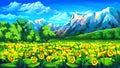 Yellow flowers blooming in green mountain valley. Blue snow-capped mountains on the horizon. Royalty Free Stock Photo