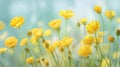 Yellow flowers and buds on stems, smudged, light green background. Flower field. Flowering flowers, a symbol of spring, new life Royalty Free Stock Photo