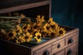 Yellow flowers in drawer. Generate AI