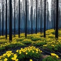 Yellow flowers in the forest after a fire. Concept - healing the Earth