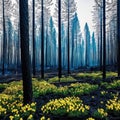 Yellow flowers in the forest after a fire. Concept - healing the Earth