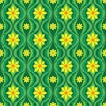 Yellow flowers and green leaves. Mid-century modern art vector background. Abstract geometric seamless pattern. Decorative ornamen Royalty Free Stock Photo