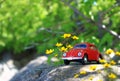 Toy red car parked on a rock under the summer trees