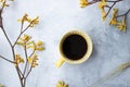 Yellow flowers kangaroo legs on marbled background and cup of coffee