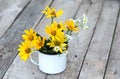 Yellow flowers in old metal cup Royalty Free Stock Photo