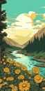 Yellow Flowers And River In Forest - Bold Graphic Illustration